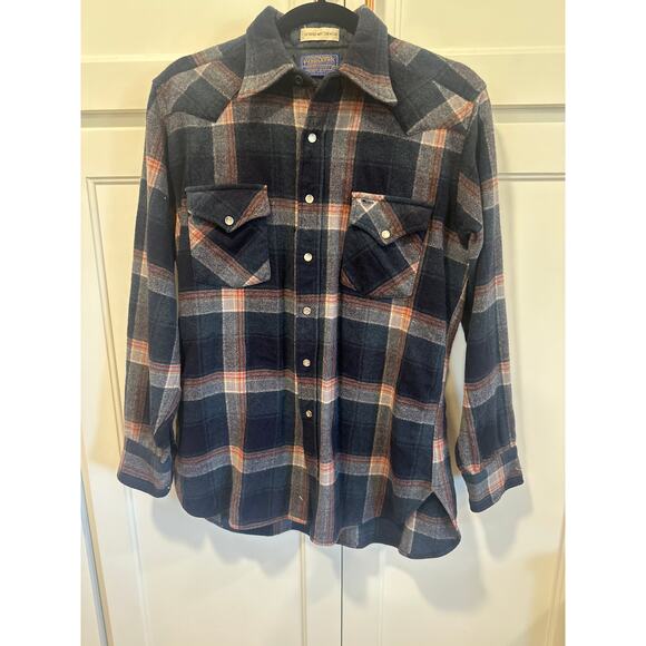 Vintage Pendleton Pearl Snap Shirt Blue Red White Wool High Grade Western Wear L - Picture 1 of 7